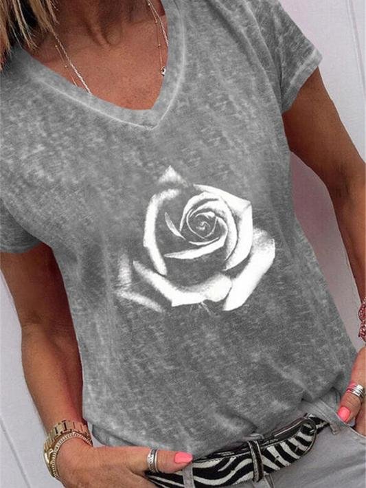 Flower Print Casual V-Neck Short Sleeve T-Shirt - LuckyFash™