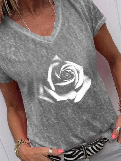 Flower Print Casual V-Neck Short Sleeve T-Shirt - LuckyFash™