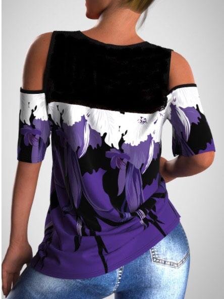 Flower Print Cold Shoulder Lace Stitching T-shirt - LuckyFash™