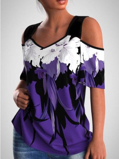 Flower Print Cold Shoulder Lace Stitching T-shirt - LuckyFash™