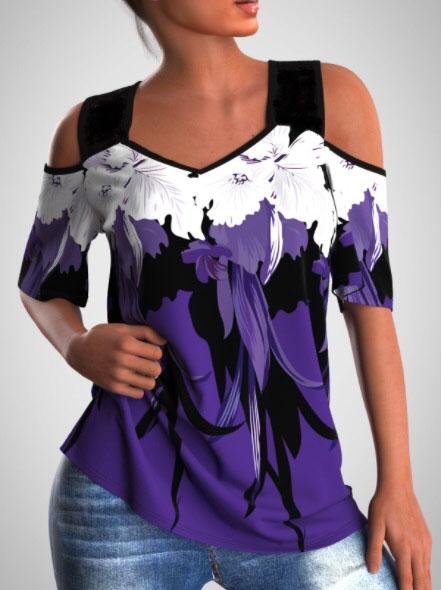 Flower Print Cold Shoulder Lace Stitching T-shirt - LuckyFash™