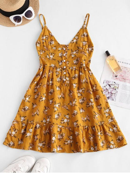 Flower Print Half Button Flounce Hem Dress - LuckyFash™