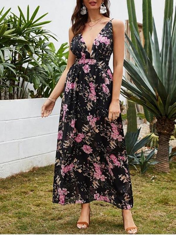 Flower Print Low Cut Backless Bohemian Dress - LuckyFash™