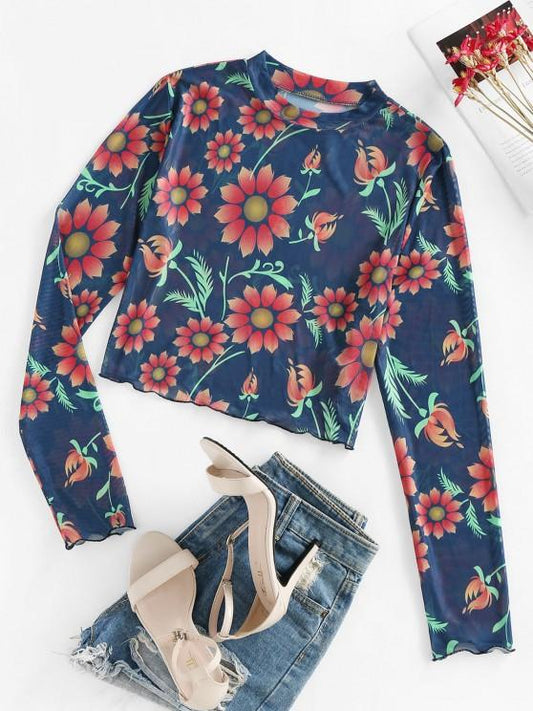 Flower Print Mesh Long Sleeve T-shirt - LuckyFash™