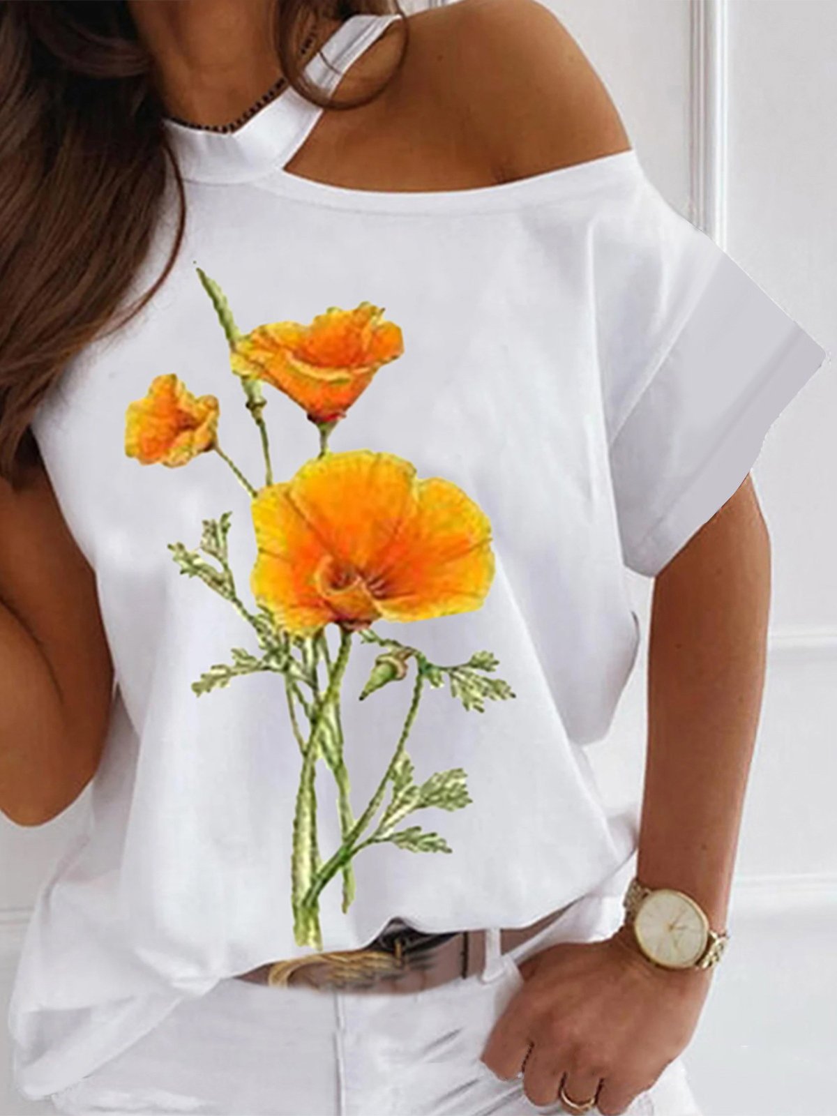 Flower Print Off-shoulder Halterneck T-shirt - LuckyFash™