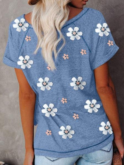 Flower Print Round Neck Short Sleeve T-Shirt - LuckyFash™