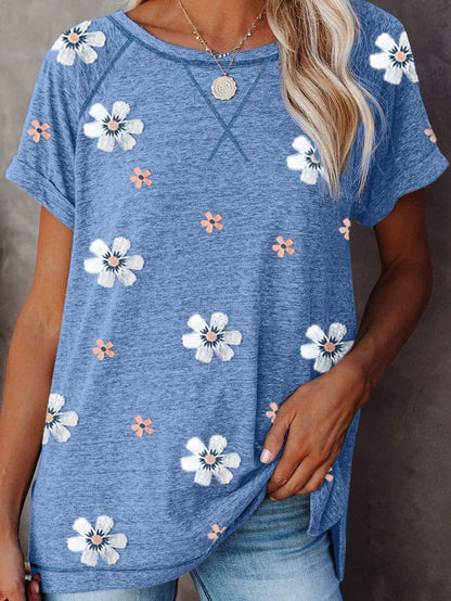 Flower Print Round Neck Short Sleeve T-Shirt - LuckyFash™