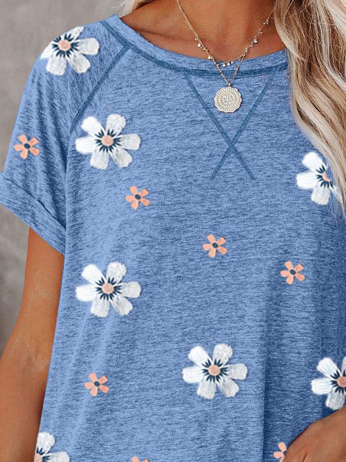 Flower Print Round Neck Short Sleeve T-Shirt - LuckyFash™