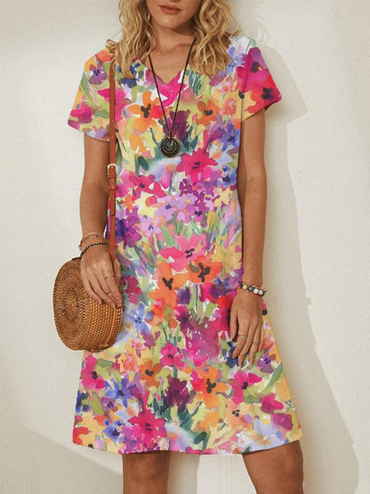 Flower Print Short Sleeve Vacation Midi Dress - LuckyFash™