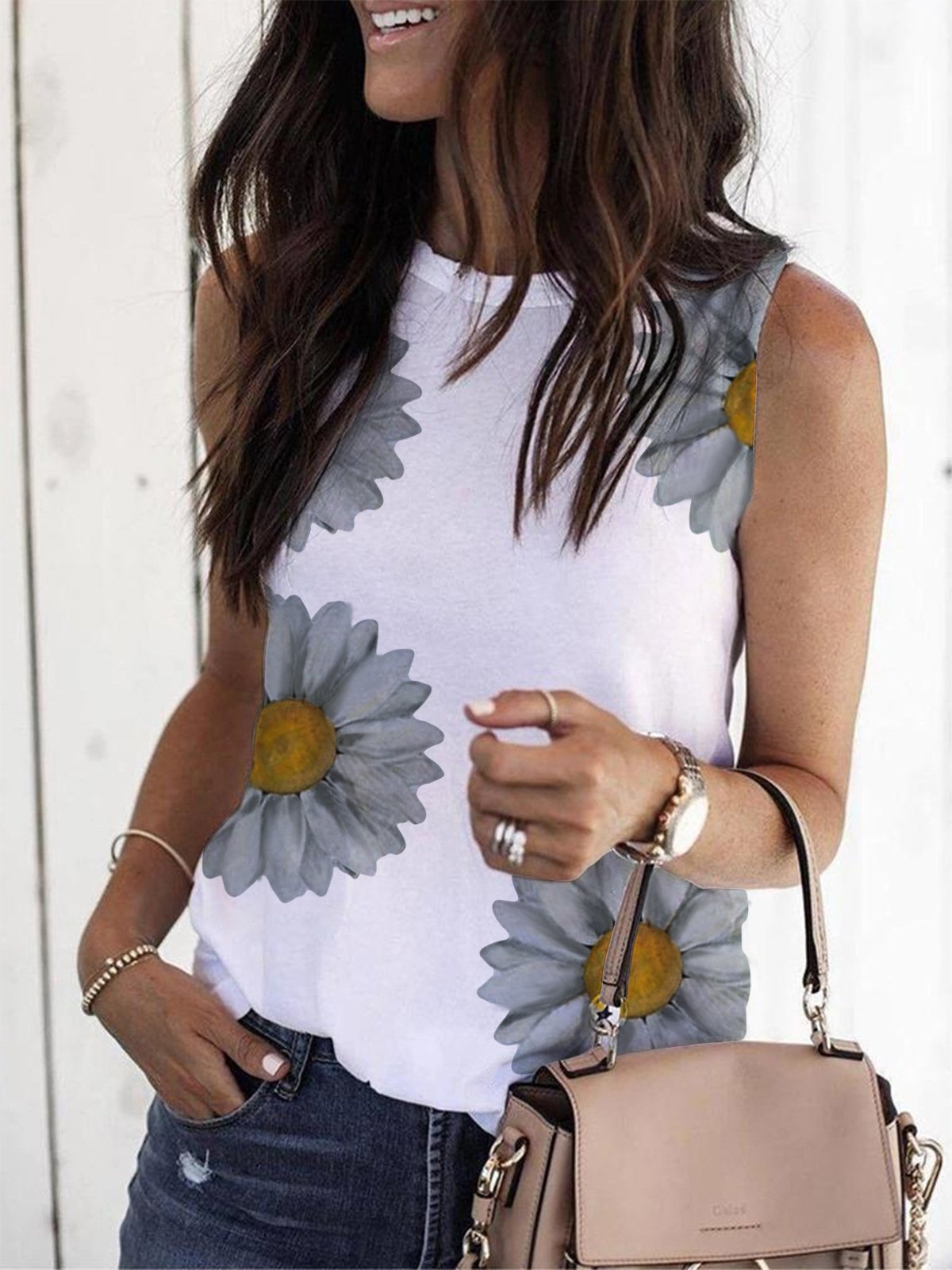 Flower Print Sleeveless Crew Neck Tank Top - LuckyFash™