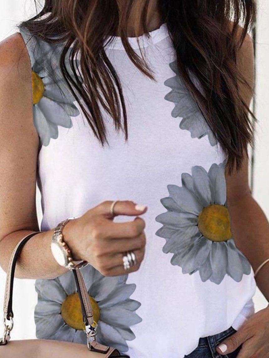 Flower Print Sleeveless Crew Neck Tank Top - LuckyFash™