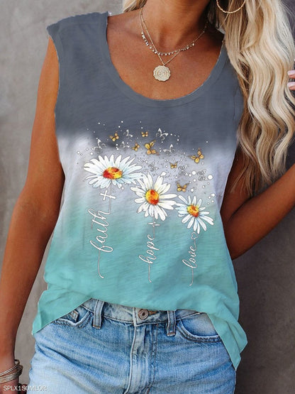 Flower Print Sleeveless Crew Neck Tank Tops - LuckyFash™