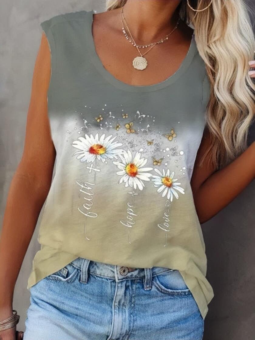 Flower Print Sleeveless Crew Neck Tank Tops - LuckyFash™