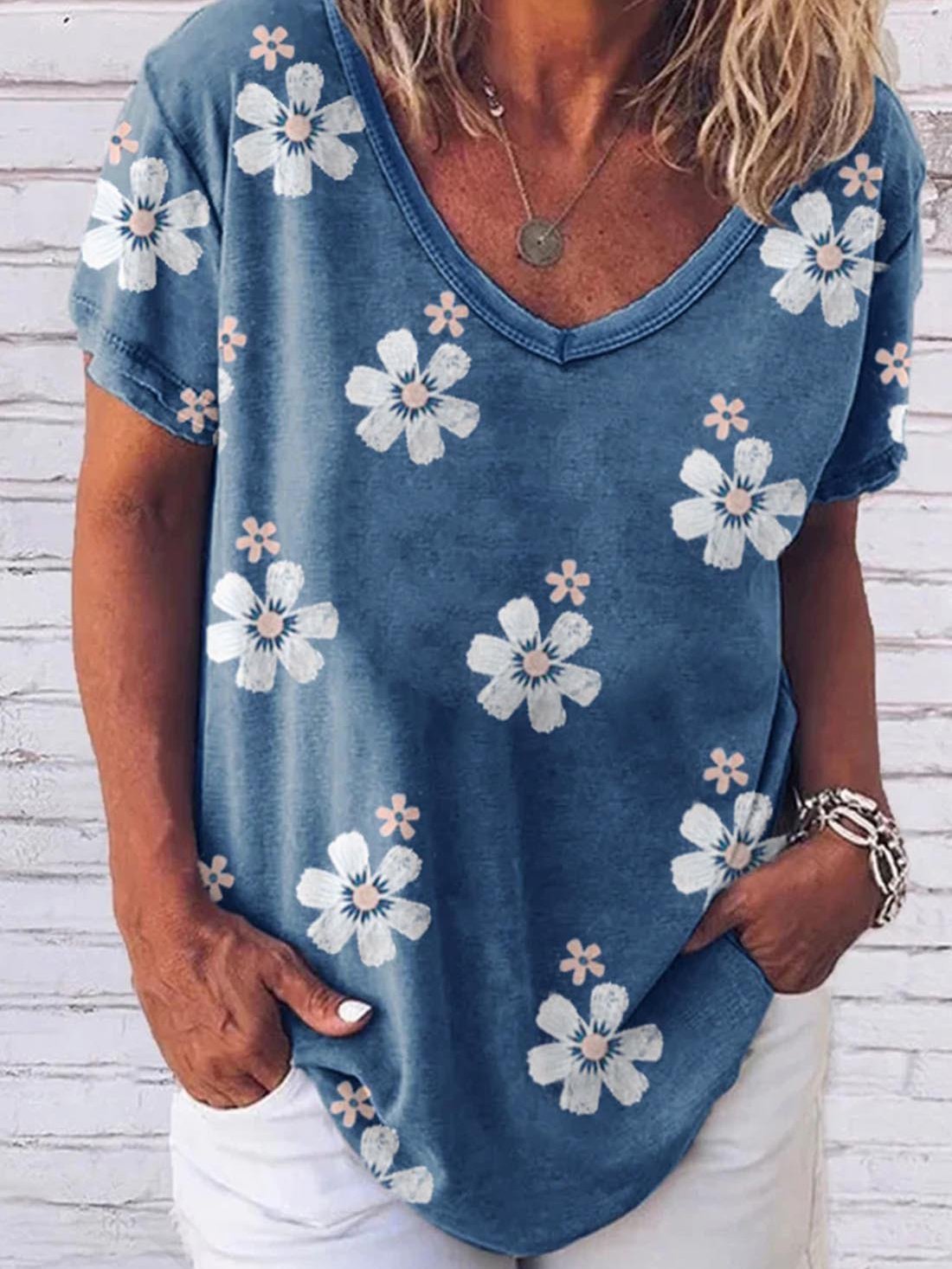 Flower Print V-neck Loose Short Sleeve T-Shirt - LuckyFash™