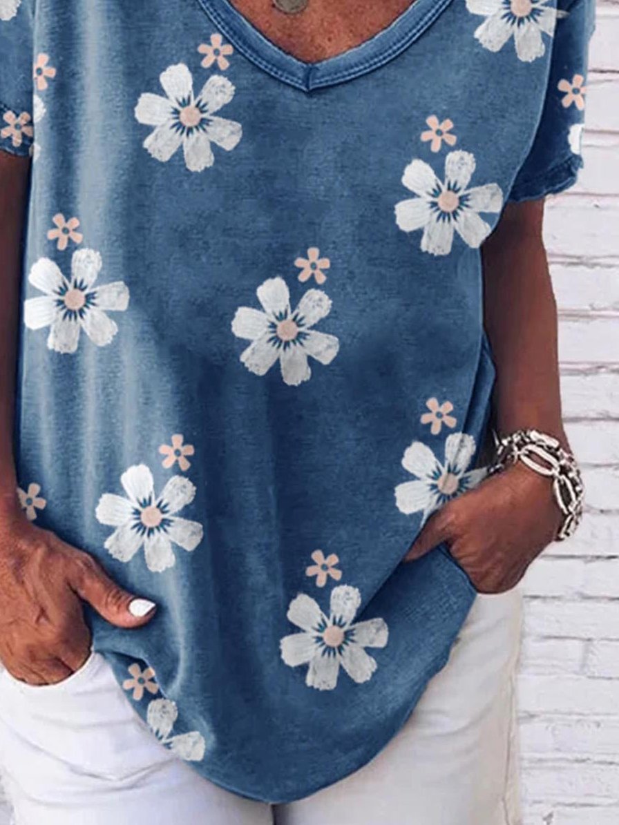 Flower Print V-neck Loose Short Sleeve T-Shirt - LuckyFash™