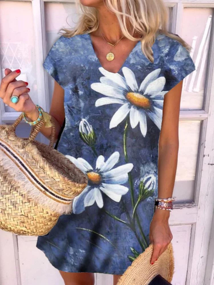 Flower Print V-neck Short Sleeve Dress - LuckyFash™