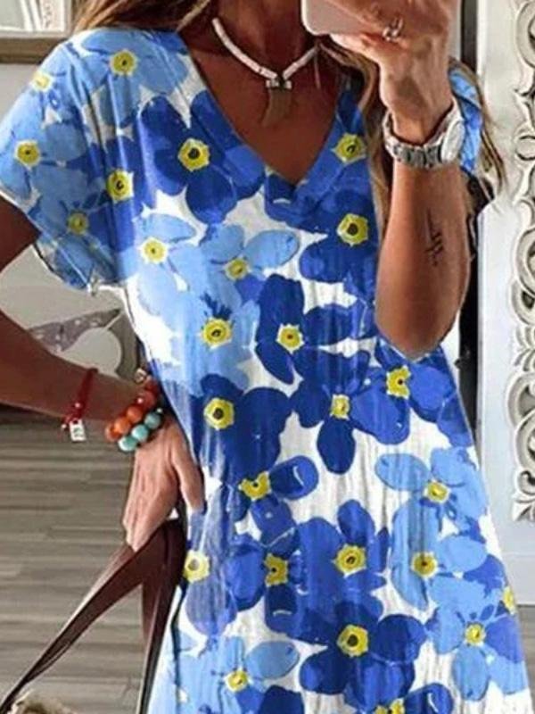 Flower Print V-Neck Short Sleeve Split Dress - LuckyFash™