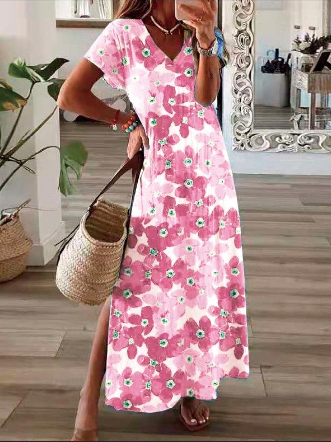 Flower Print V-Neck Short Sleeve Split Dress - LuckyFash™