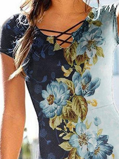 Flower Printed Cut Out V-neck Dress - LuckyFash™