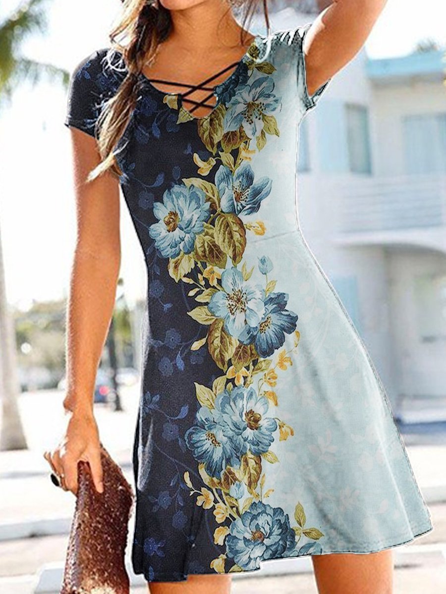 Flower Printed Cut Out V-neck Dress - LuckyFash™
