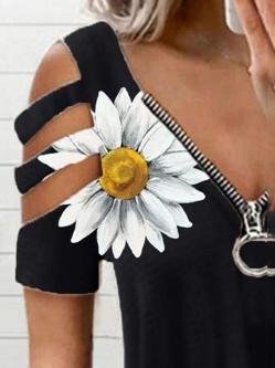 Flower Printed Zipper Off-shoulder T-shirt - LuckyFash™