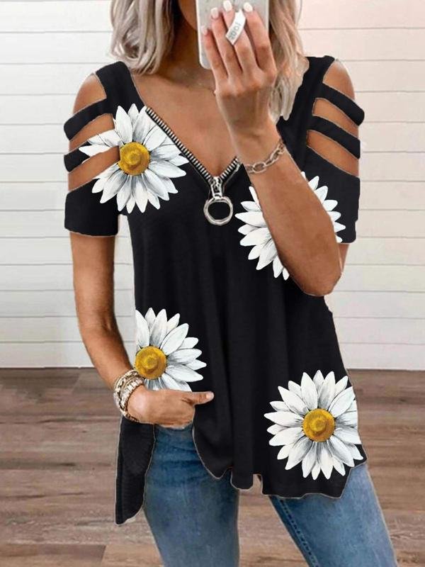 Flower Printed Zipper Off-shoulder T-shirt - LuckyFash™