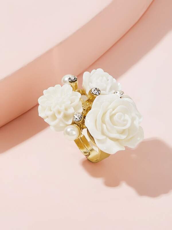 Flower & Rhinestone Decor Ring 1pc - LuckyFash™