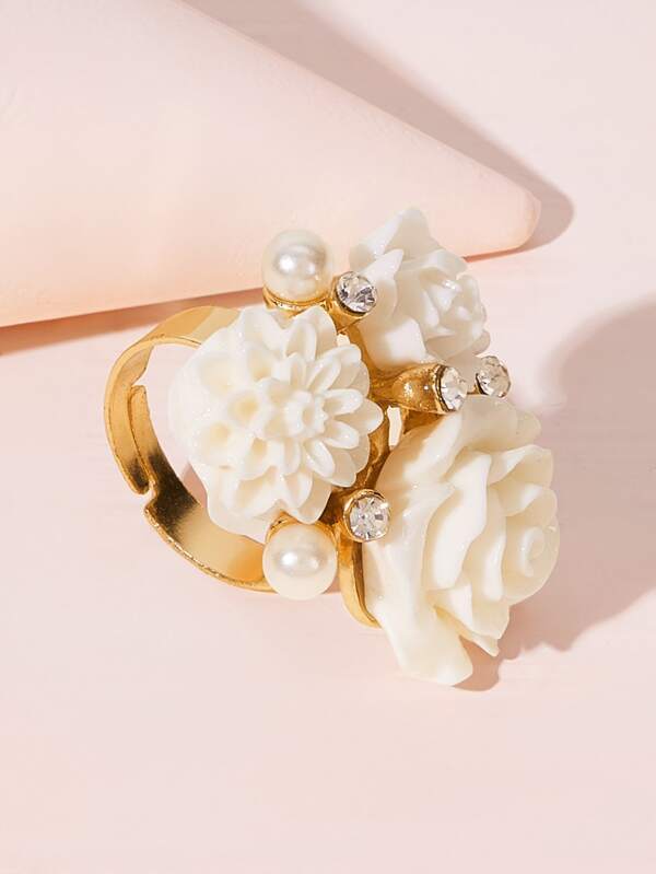 Flower & Rhinestone Decor Ring 1pc - LuckyFash™