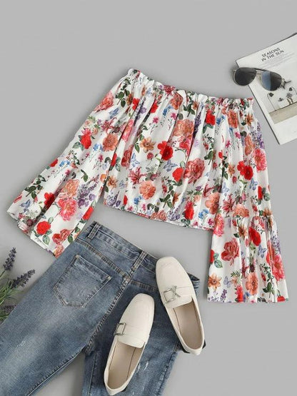 Flower Ruffle Off Shoulder Flare Sleeve Blouse - LuckyFash™