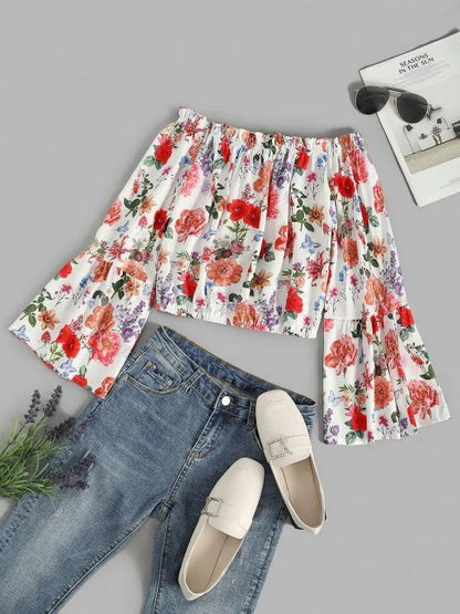 Flower Ruffle Off Shoulder Flare Sleeve Blouse - LuckyFash™