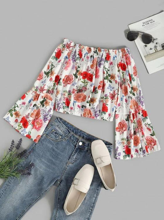 Flower Ruffle Off Shoulder Flare Sleeve Blouse - LuckyFash™