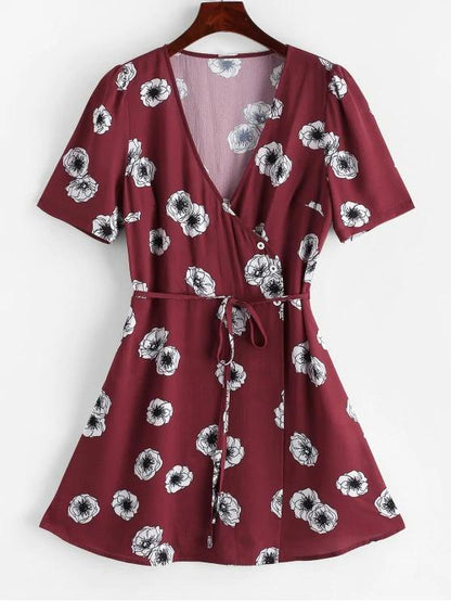 Flower Surplice Overlap String Belted Dress - LuckyFash™