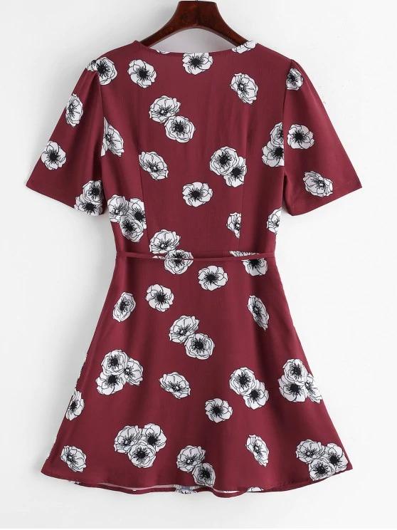 Flower Surplice Overlap String Belted Dress - LuckyFash™