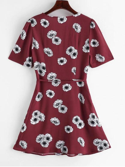 Flower Surplice Overlap String Belted Dress - LuckyFash™