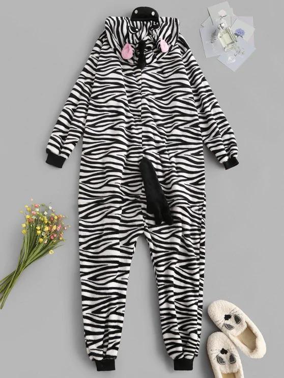 Fluffy Button Front Fleece Zebra Onesie Pajamas - LuckyFash™