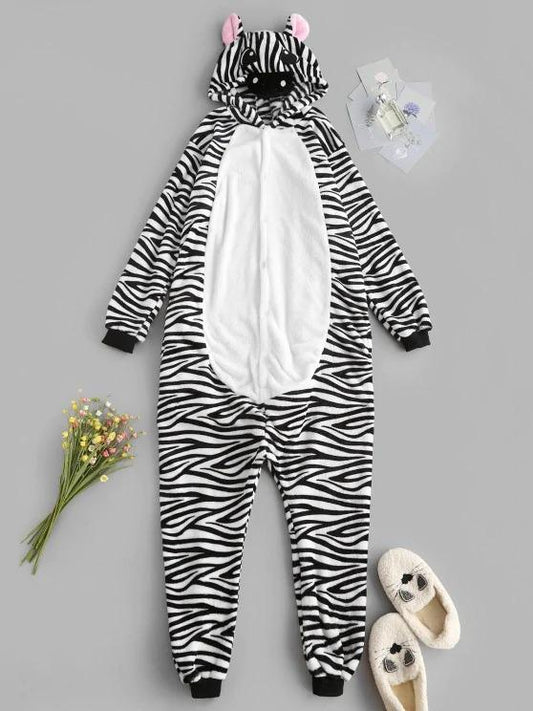 Fluffy Button Front Fleece Zebra Onesie Pajamas - LuckyFash™