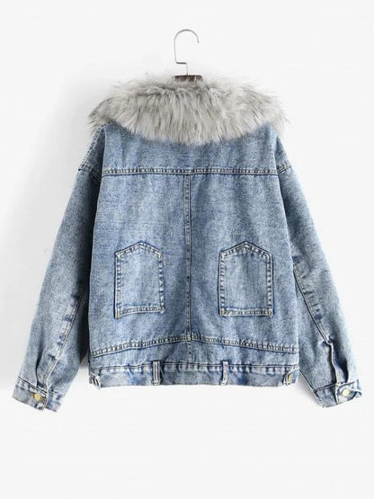 Fluffy Lined Denim Jacket with Detachable Faux Fur Collar - LuckyFash™