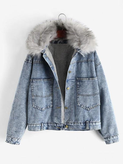 Fluffy Lined Denim Jacket with Detachable Faux Fur Collar - LuckyFash™