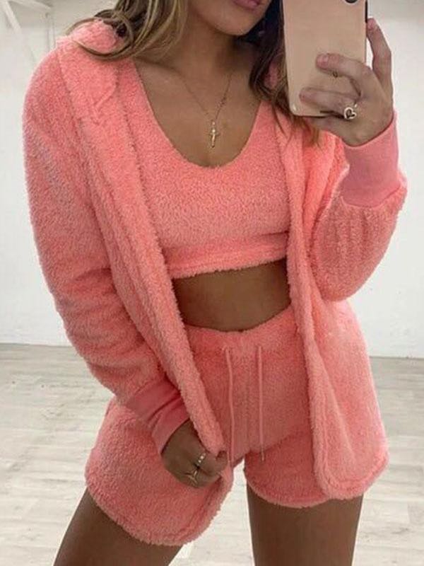 Fluffy Solid Color Relaxed Three Pieces Pants Suit - LuckyFash™