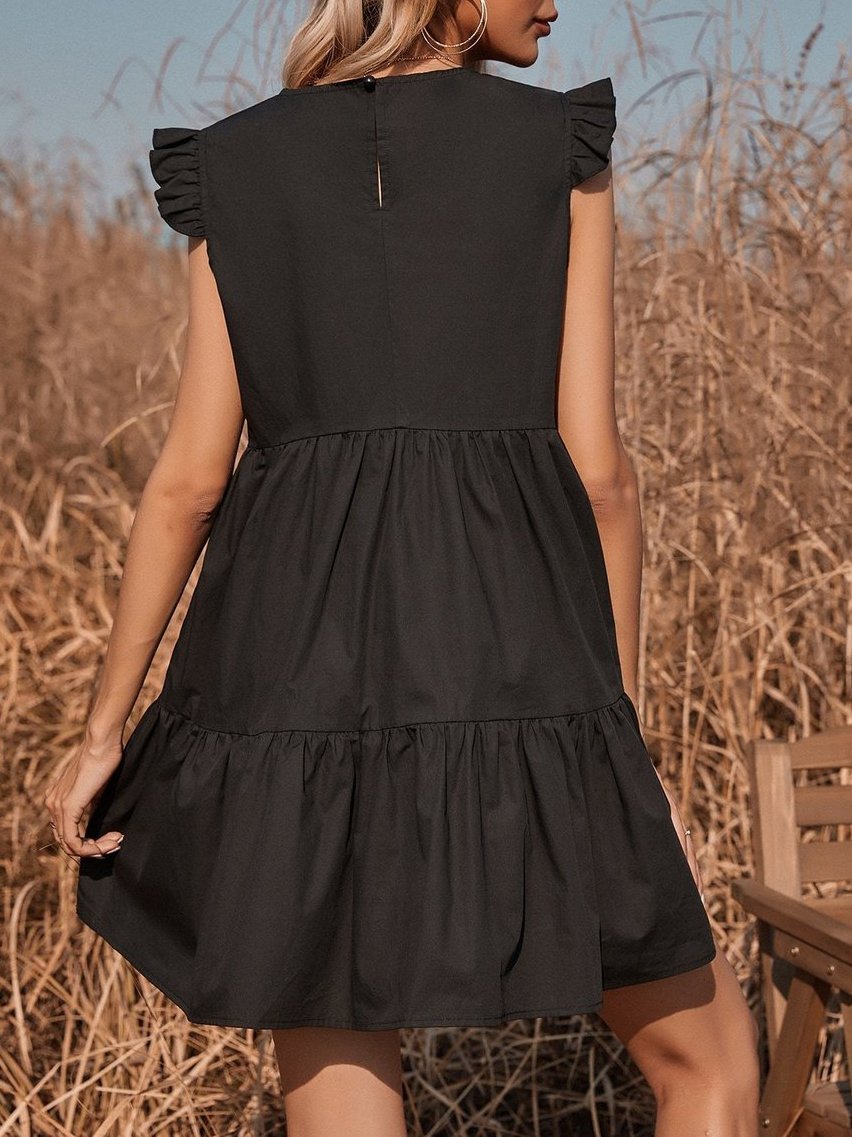 Flying Sleeve Solid Ruffle Hem Smock Dress - LuckyFash™