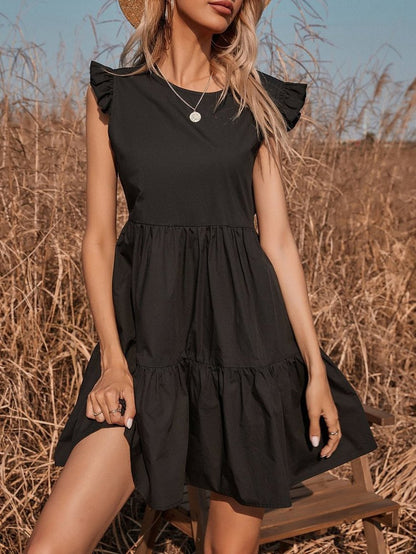 Flying Sleeve Solid Ruffle Hem Smock Dress - LuckyFash™