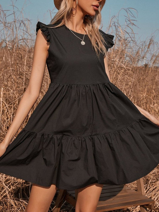 Flying Sleeve Solid Ruffle Hem Smock Dress - LuckyFash™