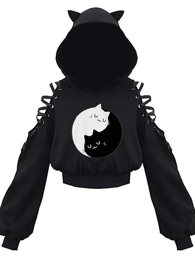 hoodie crop top cat ear hooded sweatshirt hollow out lace up sleeves(4xl,cats climbing) for Women - LuckyFash™