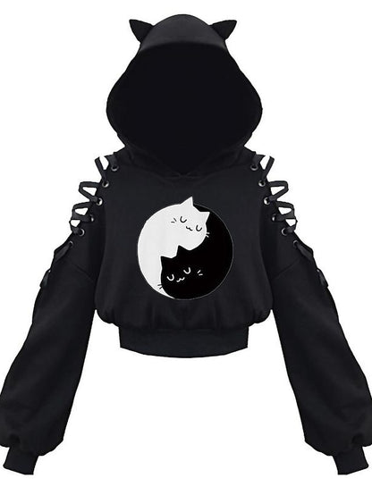 hoodie crop top cat ear hooded sweatshirt hollow out lace up sleeves(4xl,cats climbing) for Women - LuckyFash™
