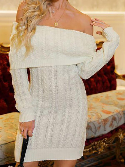 Foldover Off Shoulder Cable Knit Sweater Dress - LuckyFash™