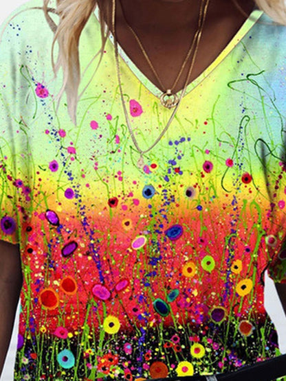 Foral Printed V-neck Short-sleeved T-shirt - LuckyFash™