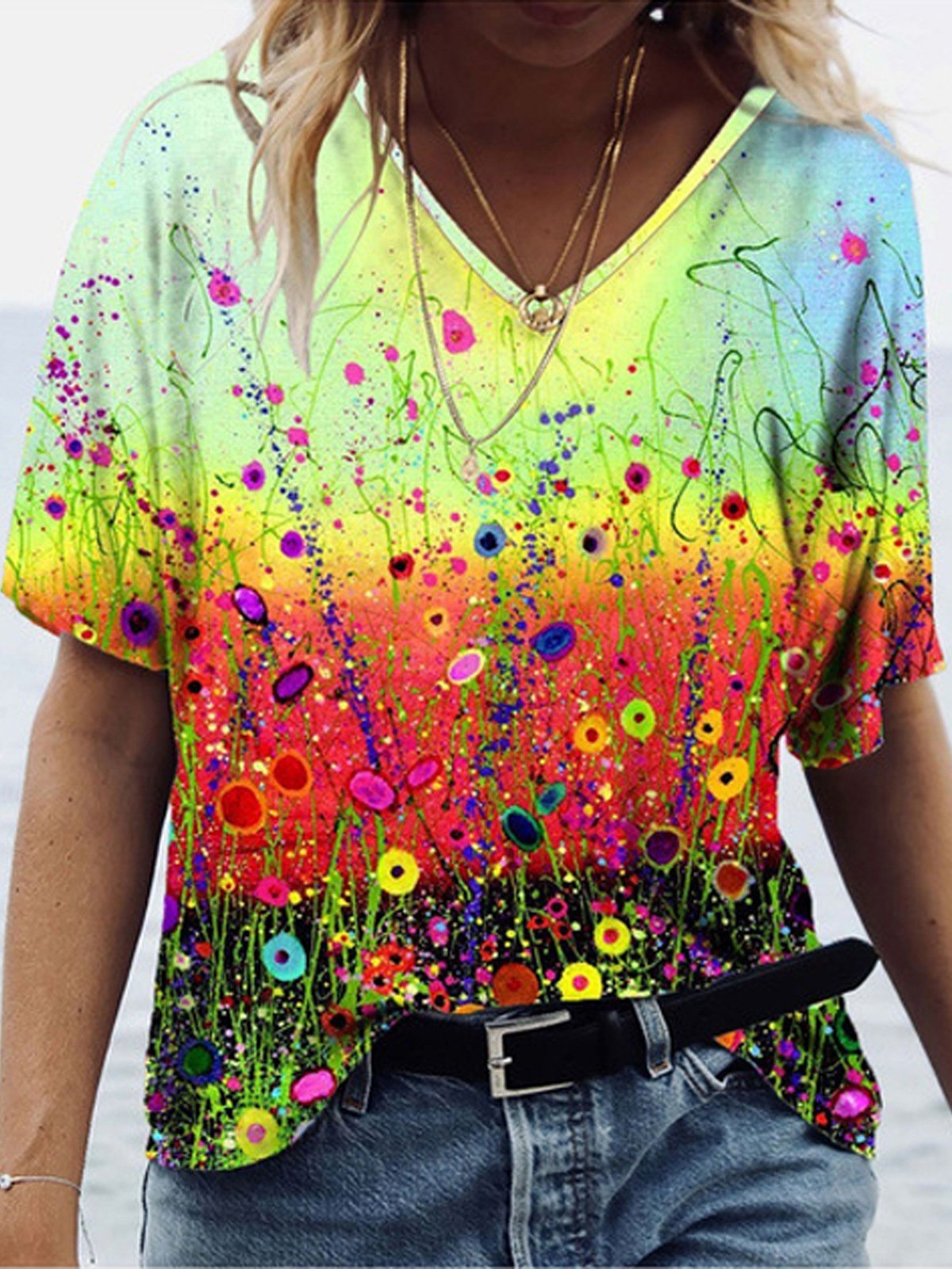 Foral Printed V-neck Short-sleeved T-shirt - LuckyFash™