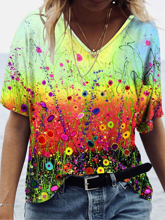 Foral Printed V-neck Short-sleeved T-shirt - LuckyFash™