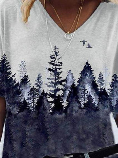 Forest Print Short-sleeved V-neck T-shirt - LuckyFash™