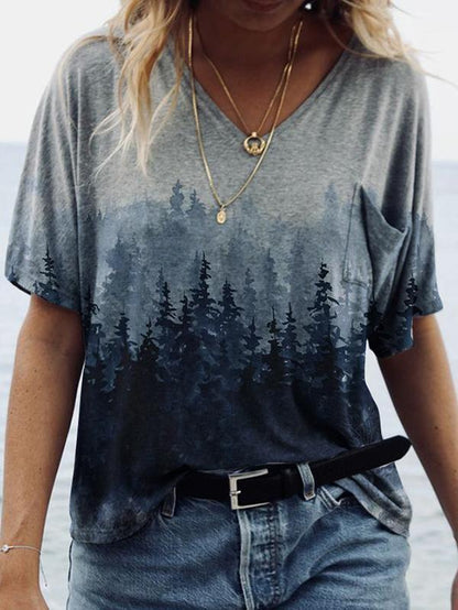 Forest Print Short-sleeved V-neck T-shirt - LuckyFash™